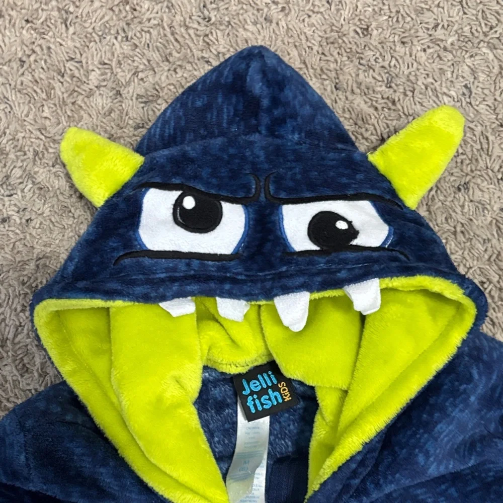 Kids Fuzzy Monster Hooded One Piece - Navy and Lime Onesie